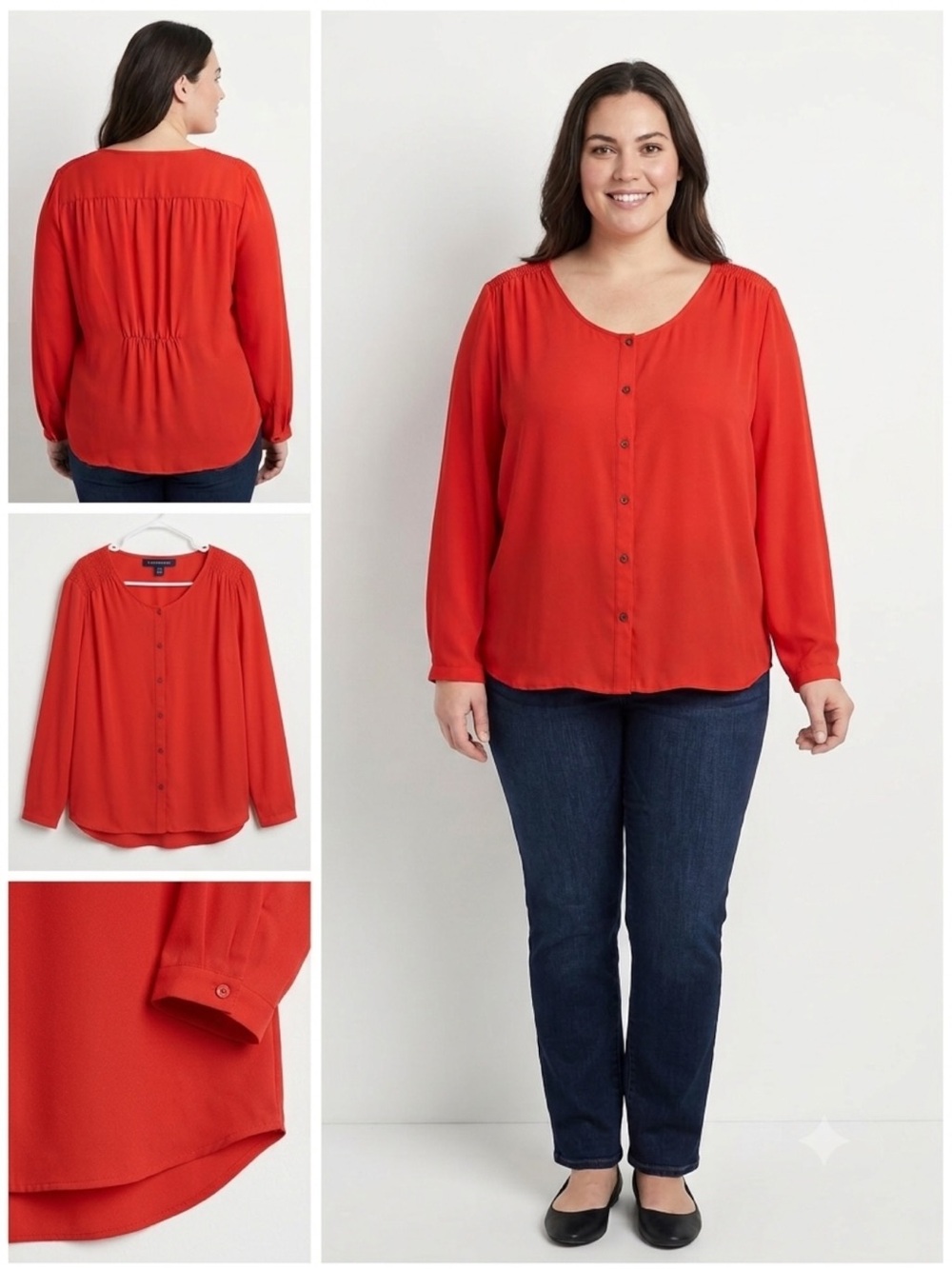 Lands' End Red Button Front Blouse Smocked Ruched Shoulder Plus Size 18 EUC
